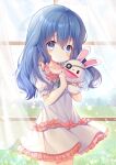  1girl absurdres blue_eyes blue_hair child curtains date_a_live dress eyepatch female_child hand_puppet highres itano_slime long_hair puppet short_dress short_sleeves solo white_dress wind window yoshino_(date_a_live) yoshinon 