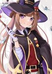  1girl absurdres animal_ears asahina_yoi belt brown_hair bug butterfly commentary_request gloves hair_rings hat highres horse_ears horse_girl long_hair simple_background smile solo sweep_tosho_(umamusume) umamusume violet_eyes wand white_background witch_hat 