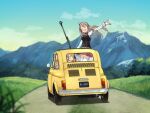  3girls annin_musou blue_sky blurry bodice car castle_of_cagliostro closed_eyes clouds day depth_of_field facing_viewer from_behind grey_hair ground_vehicle gun hat kantai_collection littorio_(kancolle) long_hair looking_at_viewer lupin_iii mini_hat motor_vehicle mountain multiple_girls outdoors parody pola_(kancolle) red_skirt rifle shirt skirt sky solo_focus thigh-highs tilted_headwear vehicle_request waving wavy_hair weapon weapon_request white_legwear white_shirt zara_(kancolle) 