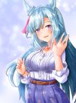  1girl alternate_costume animal_ears belt blue_hair blush casual collarbone commentary_request highres horse_ears jewelry looking_at_viewer mejiro_ardan_(umamusume) necklace open_mouth oshiaki simple_background solo umamusume violet_eyes waving 