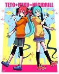  2girls :d ahoge bangs blue_eyes blue_hair blush character_name city drill_hair english_text hair_ornament hand_up hatsune_miku hood hoodie horns_pose index_finger_raised kasane_teto kneehighs legwear_under_shorts long_hair looking_at_viewer medium_hair multiple_girls np_eny outstretched_arm pink_eyes pink_hair pleated_skirt shoes short_sleeves shorts skirt sleeves_past_elbows smile sneakers socks sparkle standing standing_on_one_leg twin_drills twintails utau very_long_hair vocaloid 