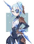  1girl armor blue_eyes blue_hair breasts chobi0521 eyepatch highres horns long_hair looking_at_viewer pauldrons short_hair shoulder_armor simple_background single_horn solo theory_(xenoblade) xenoblade_chronicles_(series) xenoblade_chronicles_2 