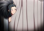  1girl behind_curtains black_hair boku_no_hero_academia curtains looking_to_the_side neocoill parted_lips patreon_username ponytail smile solo sweater web_address yaoyorozu_momo 