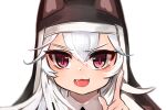  1girl :3 :d animal_ears bangs dokomon eyebrows_visible_through_hair fake_animal_ears fang girls_frontline hair_between_eyes hand_up index_finger_raised long_hair looking_at_viewer p7_(girls&#039;_frontline) portrait red_eyes simple_background smile solo v-shaped_eyebrows veil white_background white_hair 