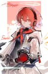  1girl absurdres angel arknights black_shirt character_name closed_mouth dated detached_wings energy_wings exusiai_(arknights) halo headphones helmet highres jacket luan_teng neckerchief red_eyes red_neckerchief redhead shirt short_hair signature solo white_jacket wings 