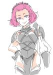  1girl 8261siron armor breasts closed_mouth fire_emblem fire_emblem_fates hairband hand_on_hip medium_breasts medium_hair pink_hair smile solo sophie_(fire_emblem) thighs upper_body violet_eyes 