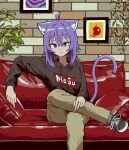  1girl absurdres animal_ears breasts cat_ears cat_girl cat_tail chun_1234567 couch crossed_legs highres hololive hood hoodie looking_at_viewer nekomata_okayu plant potted_plant purple_hair short_hair sitting solo tail violet_eyes virtual_youtuber 