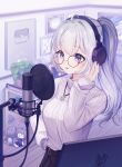  1girl ahoge belt breasts eyebrows_visible_through_hair glasses grey_hair headphones highres indoors ine_(vtuber) jewelry long_hair long_sleeves looking_ahead medium_breasts microphone necklace open_mouth ponytail pop_filter prana_(prana12) recording ribbed_sweater solo sweater sweater_tucked_in turtleneck turtleneck_sweater violet_eyes virtual_youtuber waktaverse white_hair white_sweater youtube_creator_award 