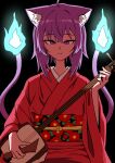  1girl absurdres animal_ears black_background cat_ears cat_girl cat_tail chun_1234567 fire highres hololive instrument japanese_clothes kimono looking_at_viewer multiple_tails nekomata_okayu sash shamisen simple_background smile solo tail violet_eyes virtual_youtuber 