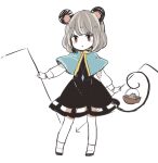 1girl :o animal_ears bangs basket black_footwear black_skirt black_vest blush_stickers capelet crystal dowsing_rod full_body grey_hair holding jewelry layered_clothes long_sleeves mouse mouse_ears mouse_girl mozukuzu_(manukedori) nazrin open_mouth pendant prehensile_tail red_eyes shirt shoes short_hair simple_background skirt skirt_set socks solo standing tail touhou vest white_background white_capelet white_legwear white_shirt