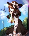  1girl absurdres black_headwear brown_eyes brown_hair cable clouds eyebrows_visible_through_hair hat highres joonyorigami looking_at_viewer open_mouth pointing pointing_up ribbon sky solo touhou tree usami_renko utility_pole 