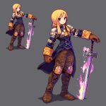  1girl agrias_oaks armor blonde_hair boots breastplate brown_footwear brown_gloves commentary_request final_fantasy final_fantasy_tactics fire full_body gloves grey_background knee_pads long_hair looking_at_viewer multiple_views pink_fire pixel_art shadow shirosu simple_background standing sword weapon 