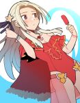  1girl blush breasts cape closed_mouth do_m_kaeru edelgard_von_hresvelg fire_emblem fire_emblem:_three_houses fire_emblem_heroes food hair_ornament hair_ribbon long_hair official_alternate_costume one-piece_swimsuit popsicle red_cape red_swimsuit ribbon simple_background solo swimsuit violet_eyes white_hair 