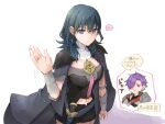  1boy 1girl armor blue_eyes breasts byleth_(fire_emblem) byleth_eisner_(female) cape closed_mouth fire_emblem fire_emblem:_three_houses fire_emblem_warriors:_three_hopes gloves hair_ornament hair_over_one_eye holding long_hair looking_at_viewer medium_hair purple_hair robaco shez_(fire_emblem) shez_(fire_emblem)_(male) short_hair simple_background translation_request violet_eyes 
