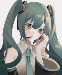  1girl bangs blue_eyes blue_hair blush collared_shirt detached_sleeves hair_ornament hand_on_headphones hand_up hatsune_miku headphones headset highres long_hair looking_at_viewer nail_polish necktie nonda. parted_lips shirt sleeveless sleeveless_shirt solo twintails vocaloid wide_sleeves 