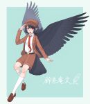  1girl bird_tail bird_wings black_hair black_tail black_wings blue_background border breasts brown_footwear brown_headwear brown_jacket brown_shorts buttons cabbie_hat channel_ikihaji collared_shirt commentary_request eyebrows_visible_through_hair feathered_wings flat_cap full_body hand_on_headwear hat highres jacket kneehighs loafers long_sleeves looking_at_viewer medium_hair necktie open_mouth pointy_ears red_eyes red_necktie shameimaru_aya shameimaru_aya_(newsboy) shirt shoes shorts small_breasts solo suit_jacket tail tail_feathers tie_clip touhou translation_request white_border white_legwear white_shirt wings 