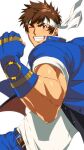  belt blush brown_eyes brown_hair fang fingerless_gloves gloves grin headband highres jacket looking_at_viewer muscular muscular_male one_eye_closed open_clothes open_jacket school_uniform shirt short_hair smile the_king_of_fighters thick_eyebrows tingenamo white_shirt yabuki_shingo 