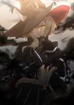  1girl animal_ears arknights black_coat black_gloves book cat_ears chain coat cuffs darkness ears_through_headwear floating floating_book floating_object gloves grey_hair hat haze_(arknights) highres q_89umi shackles slit_pupils smile witch_hat yellow_eyes 