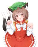  1girl :3 animal_ear_fluff animal_ears blush bow bowtie breasts brown_eyes brown_hair cat_ears cat_tail chen collared_dress commentary_request dress earrings frilled_dress frills green_headwear hat head_tilt jewelry leaning_forward long_sleeves looking_at_viewer mob_cap multiple_tails nekomata open_mouth orange_dress paw_pose rururiaru shirt short_hair simple_background single_earring small_breasts solo tail touhou two_tails upper_body white_background white_bow white_bowtie white_shirt 