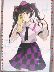  1girl akira_creative black_necktie black_skirt brown_hair cellphone checkered_clothes checkered_skirt collared_shirt commentary_request cowboy_shot frilled_shirt_collar frills grey_eyes hand_in_own_hair hat highres himekaidou_hatate long_hair mirror necktie one-hour_drawing_challenge phone puffy_short_sleeves puffy_sleeves purple_hair purple_headwear purple_skirt selfie shirt short_sleeves skirt solo sparkle tokin_hat touhou two-tone_skirt white_shirt 