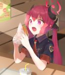 1girl abish black_shirt blue_archive blurry blurry_foreground burger collared_shirt cup disposable_cup food halo highres holding holding_food horns junko_(blue_archive) looking_at_viewer necktie open_mouth poster_(object) red_necktie redhead shirt short_sleeves sidelocks sitting solo tabi twintails violet_eyes 
