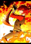  1girl biren_(mihasu) black_gloves black_pants fighting_stance fire glint gloves grin hair_between_eyes highres holding holding_sword holding_weapon long_sleeves pants pixiv_fantasia pixiv_fantasia_last_saga red_eyes redhead sheath sir_red_(pixiv_fantasia_last_saga) smile sword weapon 