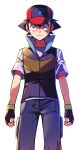  1boy ash_ketchum baseball_cap black_gloves black_hair closed_mouth fingerless_gloves frown gloves grey_pants hat highres looking_at_viewer male_focus pants pokemon pokemon_(anime) red_headwear shirt short_hair short_sleeves simple_background solo standing tuze111 white_background white_shirt yellow_eyes 