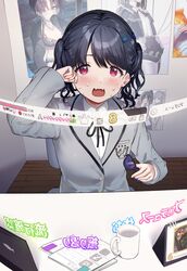  1girl absurdres black_hair black_ribbon blazer blush commentary_request cup fangs flower fukumaru_koito gameplay_mechanics grey_jacket grey_skirt hair_flower hair_ornament highres idolmaster idolmaster_shiny_colors indoors jacket looking_at_viewer mug neck_ribbon poster_(object) ribbon school_uniform shirt skin_fangs skirt solo sunglasses twintails uouokuma violet_eyes white_shirt 