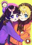  1boy 1girl :d :p absurdres bangs belt beret black_hair blonde_hair blue_eyes blunt_bangs blush_stickers chibi chibi_inset fur_collar gloves hand_on_another&#039;s_shoulder hat highres hood hood_up hoodie hug kenny_mccormick long_hair long_sleeves looking_at_viewer one_eye_closed open_mouth q_yan31 short_hair smile south_park thick_eyebrows tongue tongue_out v violet_eyes wendy_testaburger yellow_background 