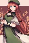  1girl beret braid cleavage_cutout clothing_cutout hat hat_ornament hong_meiling koito_(bowstringsmall) long_hair official_alternate_costume puffy_short_sleeves puffy_sleeves redhead short_sleeves side_slit star_(symbol) star_hat_ornament touhou twin_braids wrist_cuffs 