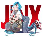  1girl absurdres arcane:_league_of_legends arm_tattoo blue_hair braid commentary_request denim highres jeans jinx_(league_of_legends) league_of_legends long_hair looking_at_viewer pants shirt shoes simple_background smile sneakers solo tattoo teeth very_long_hair white_background white_shirt wosashimi 