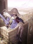  1girl black_gloves blue_dress breasts brown_eyes cape dress fairy_knight_lancelot_(fate) fate/grand_order fate_(series) gloves high_heels highres long_hair on_wall ruins sitting small_breasts tamitami thigh-highs white_hair white_legwear 