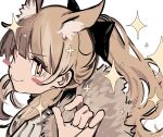  1girl ;) animal_ear_fluff animal_ears arknights bangs blush_stickers brown_eyes brown_hair closed_mouth eyebrows_visible_through_hair fur_trim hand_up highres long_hair looking_at_viewer one_eye_closed perfumer_(arknights) ponytail simple_background smile solo sparkle tetuw upper_body v-shaped_eyebrows white_background 