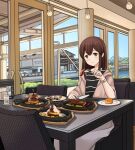  1girl akagi_(kancolle) bangs blush brown_eyes brown_hair building chair closed_mouth commentary_request cup day food fork hanging_light hitakikan indoors jacket kantai_collection light_bulb long_hair looking_at_viewer open_clothes open_jacket plate shirt sitting skirt sky solo steak striped striped_shirt table watch watch white_skirt window 