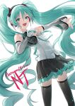  1girl :d absurdres bangs blue_eyes blue_hair blush character_name collared_shirt coppepan detached_sleeves frilled_sleeves frills hair_ornament hand_on_own_chest hatsune_miku hatsune_miku_(nt) headphones highres long_hair long_sleeves looking_at_viewer nail_polish neck_ribbon open_mouth outstretched_arm pleated_skirt ribbon see-through see-through_sleeves shirt skirt sleeveless sleeveless_shirt smile solo thigh-highs twintails very_long_hair vocaloid 