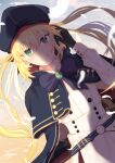 1girl absurdres artoria_caster_(fate) artoria_caster_(second_ascension)_(fate) artoria_pendragon_(fate) bangs belt beret black_gloves blonde_hair blue_belt blush bow buttons closed_mouth clouds cloudy_sky collar collared_shirt eyebrows_visible_through_hair fate/grand_order fate_(series) flower gem gloves gold gold_trim green_eyes green_gemstone hair_between_eyes hand_on_own_head hat highres long_hair long_sleeves looking_at_viewer multiple_tails petals purple_bow shirt simple_background skirt sky smile solo tail two_tails user_cexd2275 white_shirt white_skirt