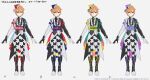  1boy aqua_belt asymmetrical_clothes asymmetrical_gloves asymmetrical_sleeves belt black_footwear black_gloves blonde_hair blue_belt blue_headwear character_sheet full_body gloves green_belt highres long_sleeves looking_at_viewer male_focus mika_pikazo multicolored_hair multiple_views official_art orange_hair pink_belt project_sekai purple_headwear puzzle_piece red_headwear shinonome_akito short_hair standing streaked_hair striped variations white_gloves yellow_eyes yellow_headwear 