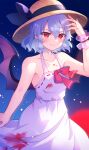 1girl 60mai adapted_costume alternate_headwear armpit_peek bare_shoulders bat_wings blood blood_stain blue_hair collarbone dress fang fang_out hat highres moon night night_sky outdoors red_eyes red_moon remilia_scarlet short_hair sky smile solo touhou white_dress wings 