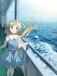  1girl :o absurdres bangs blue_dress blush clouds collarbone dress feet_out_of_frame floating_hair handa_roco highres idolmaster idolmaster_million_live! light_green_hair looking_at_viewer ocean oi! parted_bangs photo_background ship sleeveless sleeveless_dress solo watercraft waves 