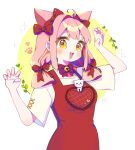  1girl :3 :d absurdres ahoge animal_ears arm_up bangs bell blunt_ends blush bow cat cat_ears choker claw_pose cross-laced_sleeves dress hair_bow hair_intakes hair_ribbon highres long_hair looking_at_viewer low_twintails neck_bell open_mouth original patch paw_print pinafore_dress pink_hair q_yan31 ribbon ribbon_choker shirt smile solo sparkle t-shirt triangle_mouth twintails undersized_animal yellow_eyes 
