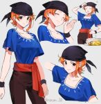 1girl artist_name bandana black_bandana blue_shirt brown_pants closed_eyes closed_mouth commentary_request eyelashes female grey_background happy jewelry joman korean_commentary nami_(one_piece) one_piece orange_eyes orange_hair pants sash shirt short_hair simple_background sketch smile solo twitter_username variations wristband