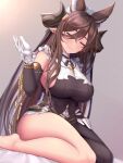  1girl animal_ears bangs barefoot blush breasts brown_hair closed_eyes closed_mouth commentary_request detached_sleeves extra_ears eyebrows_visible_through_hair galleon_(granblue_fantasy) gloves granblue_fantasy hair_between_eyes hair_ornament hand_up highres horns kneeling large_breasts legs long_hair long_sleeves melopun pointy_ears revision sideboob smile solo thighs white_gloves white_headwear 