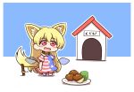  1girl american_flag american_flag_legwear american_flag_print american_flag_shirt animal_ears blonde_hair chibi clownpiece collar dog_ears dog_tail doghouse eyebrows_visible_through_hair fairy_wings flag_print highres leash looking_at_viewer red_eyes shitacemayo solo tail touhou wings 