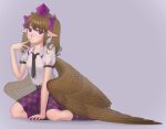  bangs bird_wings black_legwear black_necktie black_skirt brown_hair brown_wings channel_ikihaji checkered_clothes checkered_skirt collared_shirt eyebrows_visible_through_hair feathered_wings frilled_shirt_collar frills full_body grey_background hair_ribbon hat himekaidou_hatate leg_ribbon long_hair necktie pointy_ears puffy_short_sleeves puffy_sleeves purple_headwear purple_ribbon purple_skirt ribbon shirt short_sleeves simple_background skirt socks symbol-only_commentary tokin_hat touhou twintails two-tone_skirt two_side_up white_shirt wings 