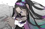  1-bard 2girls bangs black_hair blood blood_from_mouth breasts butterfly_hair_ornament closed_mouth colored_tips commentary_request crying crying_with_eyes_open demon_slayer_uniform hair_ornament hand_on_another&#039;s_shoulder haori japanese_clothes kimetsu_no_yaiba kochou_kanae kochou_shinobu large_breasts long_hair long_sleeves multicolored_hair multiple_girls parted_bangs purple_hair short_hair siblings sidelocks simple_background sisters tears very_long_hair violet_eyes white_background wide_sleeves worried 