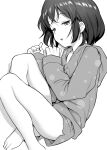  1girl bare_legs barefoot commentary_request eyebrows_visible_through_hair foot_out_of_frame greyscale half-closed_eyes hayake_(chenran) hood hoodie legs_folded lying monochrome on_side open_mouth original pajamas short_hair shorts solo 
