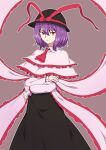 1girl :/ ascot bangs black_headwear black_skirt bow brown_background capelet closed_mouth frilled_shawl frills hat hat_bow highres kakone long_skirt long_sleeves looking_at_viewer nagae_iku one-hour_drawing_challenge purple_hair red_ascot red_bow red_eyes shawl shirt short_hair simple_background skirt solo standing touhou white_capelet white_shirt