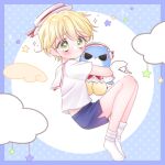  1boy angel_wings bent bird blonde_hair blue_background blue_shorts blush calf closed_mouth clouds doll green_eyes hat hippo_(mermaid_melody_pichi_pichi_pitch) hug mermaid_melody_pichi_pichi_pitch penguin pixiv red_ribbon ribbon sad sailor_collar sailor_hat sailor_shirt shirt short_hair shorts shota simple_background solo star_(symbol) star_print thighs white_background white_headwear white_legwear white_shirt wings worried 