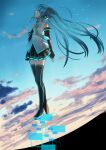  1girl absurdres black_footwear black_nails black_skirt black_sleeves blue_eyes blue_hair blue_necktie blue_sky boots clouds collared_shirt detached_sleeves floating_hair from_side full_body grey_shirt hair_ornament hana_hebi hatsune_miku headphones highres long_hair long_sleeves looking_up miniskirt nail_polish necktie pleated_skirt profile shirt skirt sky sleeveless sleeveless_shirt solo thigh_boots twintails very_long_hair vocaloid wing_collar zettai_ryouiki 