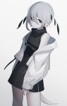  1girl absurdres black_dress blue_eyes closed_mouth dress grey_hair highres jacket long_sleeves looking_at_viewer migihidari_(puwako) off_shoulder original pointy_ears short_dress simple_background solo standing tail tears white_background white_jacket 